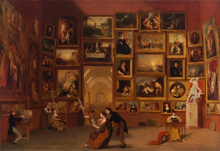 Samuel Morse's Gallery of the Louvre: visitors and copyists in the Salon Carré, its walls hung with old master paintings
