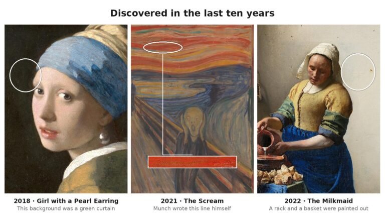 Girl with a Pearl Earring, The Scream and The Milkmaid with the areas where recent findings were made marked